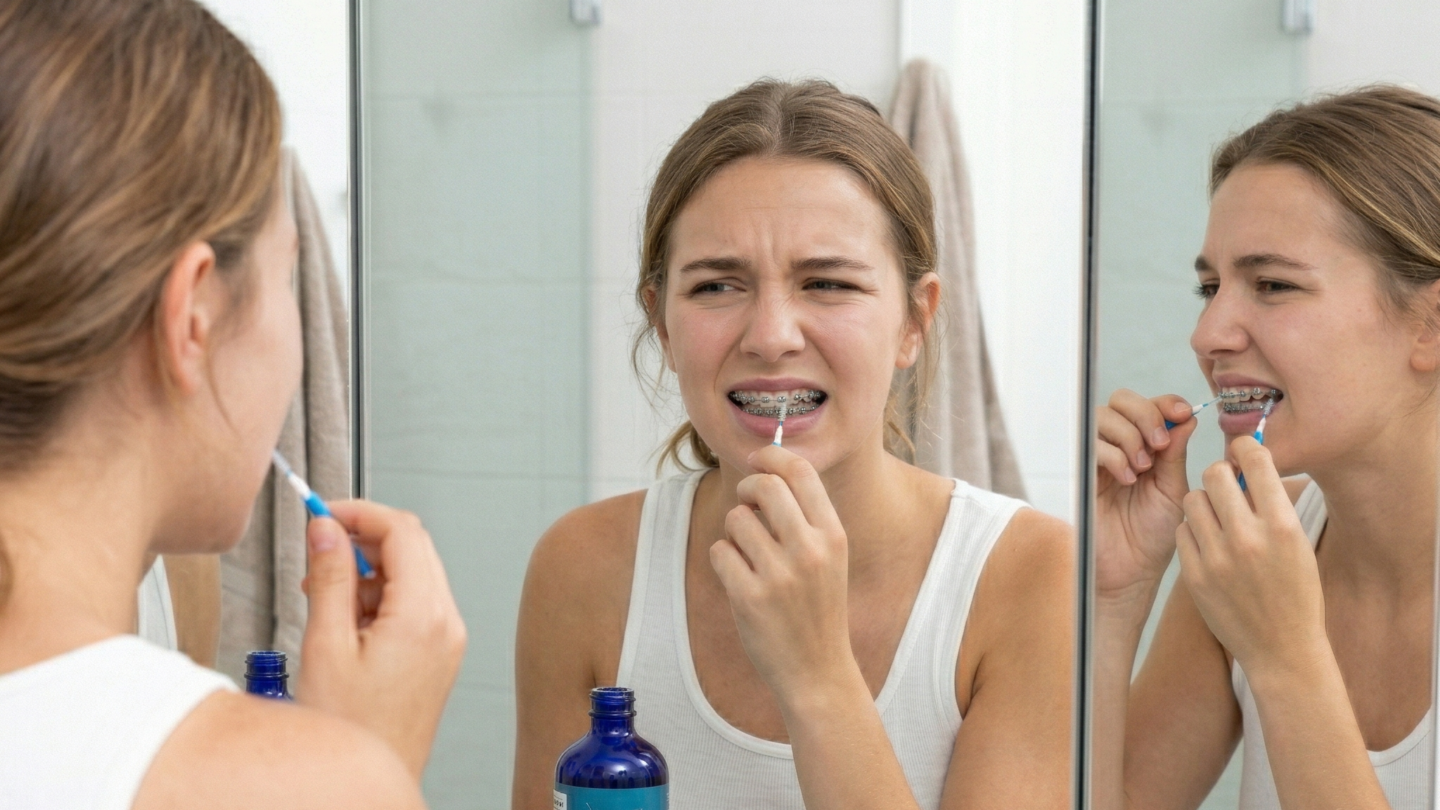 Woman brushing her teeth with Suvia mouthwash in a bathroom setting.