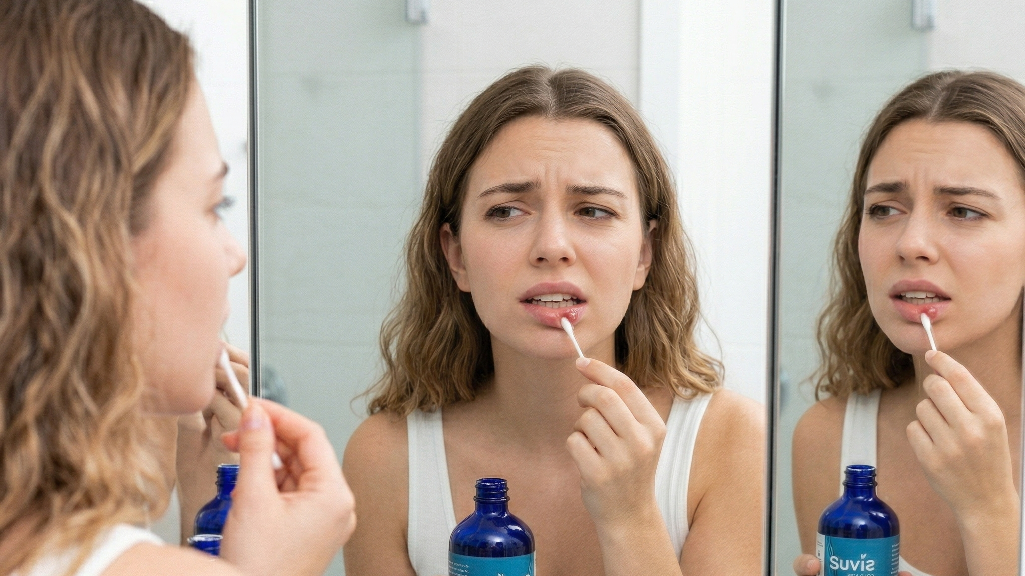 Woman using a dental tool with Suvia product in a bathroom setting